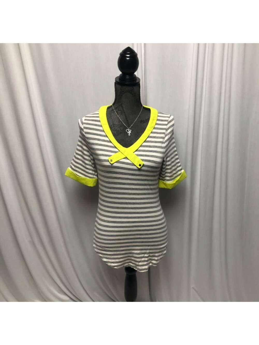 Roly Poly Top Womens Size Small Gray White Stripe Chartreuse Green Comfy Shirt
